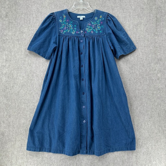 Go Softly Patio Denim House Muumuu Dress PL Floral Embroidery Pockets - Picture 1 of 8